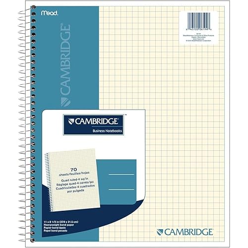 Cambridge Notebook, Business Notebook, 11" X 8.5", 70 Sheets, Quad Ruled, Wirebound, Ivory Paper (06194)