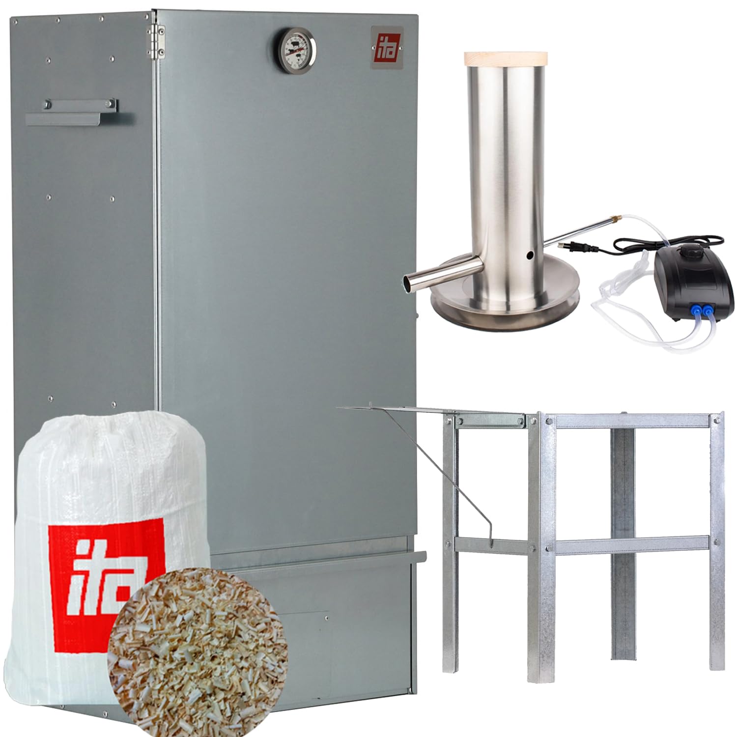 ITA Forno Affumicatore 7005 - Set Affumicatore con Generatore di Fumo, Tavolo - Armadio per Affumicatura con Termometro - Acciaio Inox - Qualità EU, Direttamente dal Produttore - 81 cm con 3 Ripiani