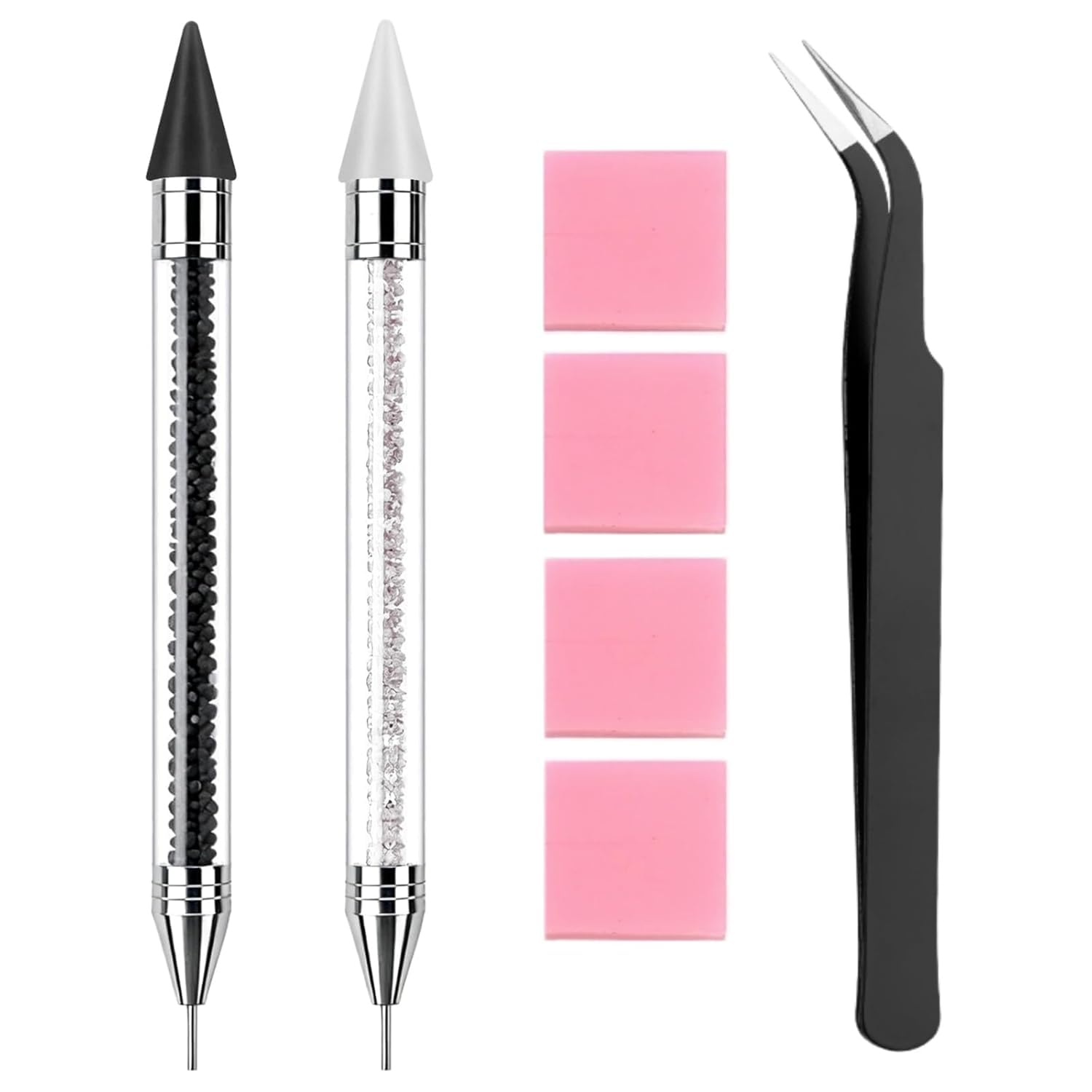 2 pack rhinestone picker tool dotting pen with tweezer,small 4pcs clay, wax pencil for rhinestones, gem picker pen diamond jewel applicator, rhinestone tools kit for bedazzling diy nail art