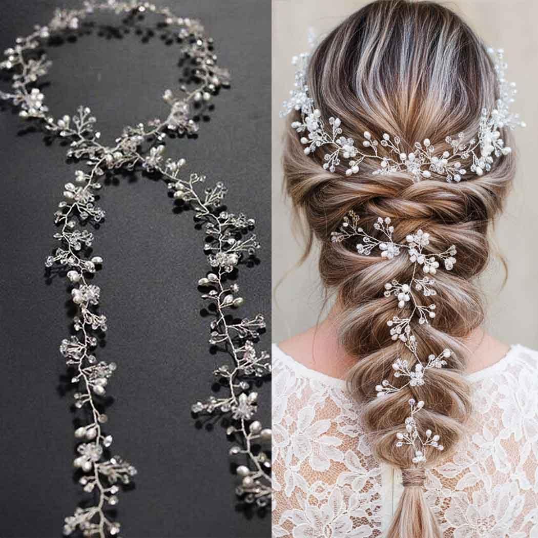 Yean Bride Wedding Hair Vine Silver Long Rhinestone Headband Pearl Hair Piece Bridal Hair Accessories for Women and Girls