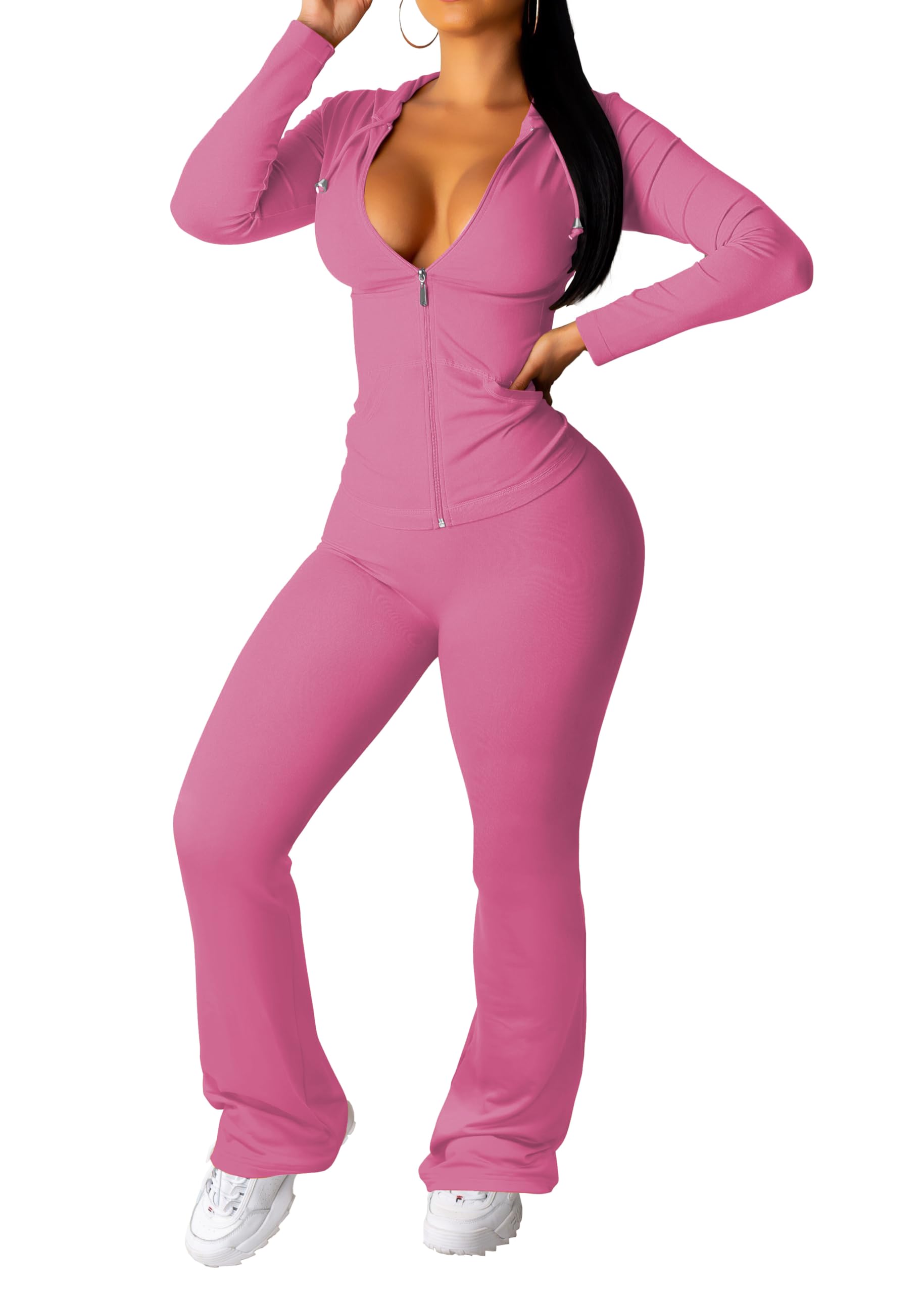 PINSV Women 2 Piece Outfits Workout Bodycon Tracksuit Long Sleeve Zip Up Hoodie Jacket Matching Flared Pants Sets
