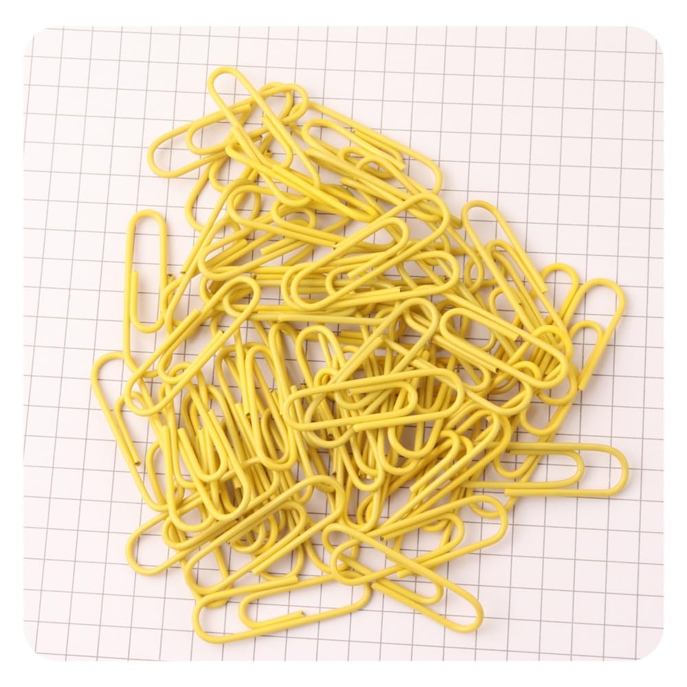 Hrlace Pack of 100 Coloured Metal Paper Clips, 28 mm, Plastic Coated, Durable and Rust-Resistant for School and Office Supplies, Yellow
