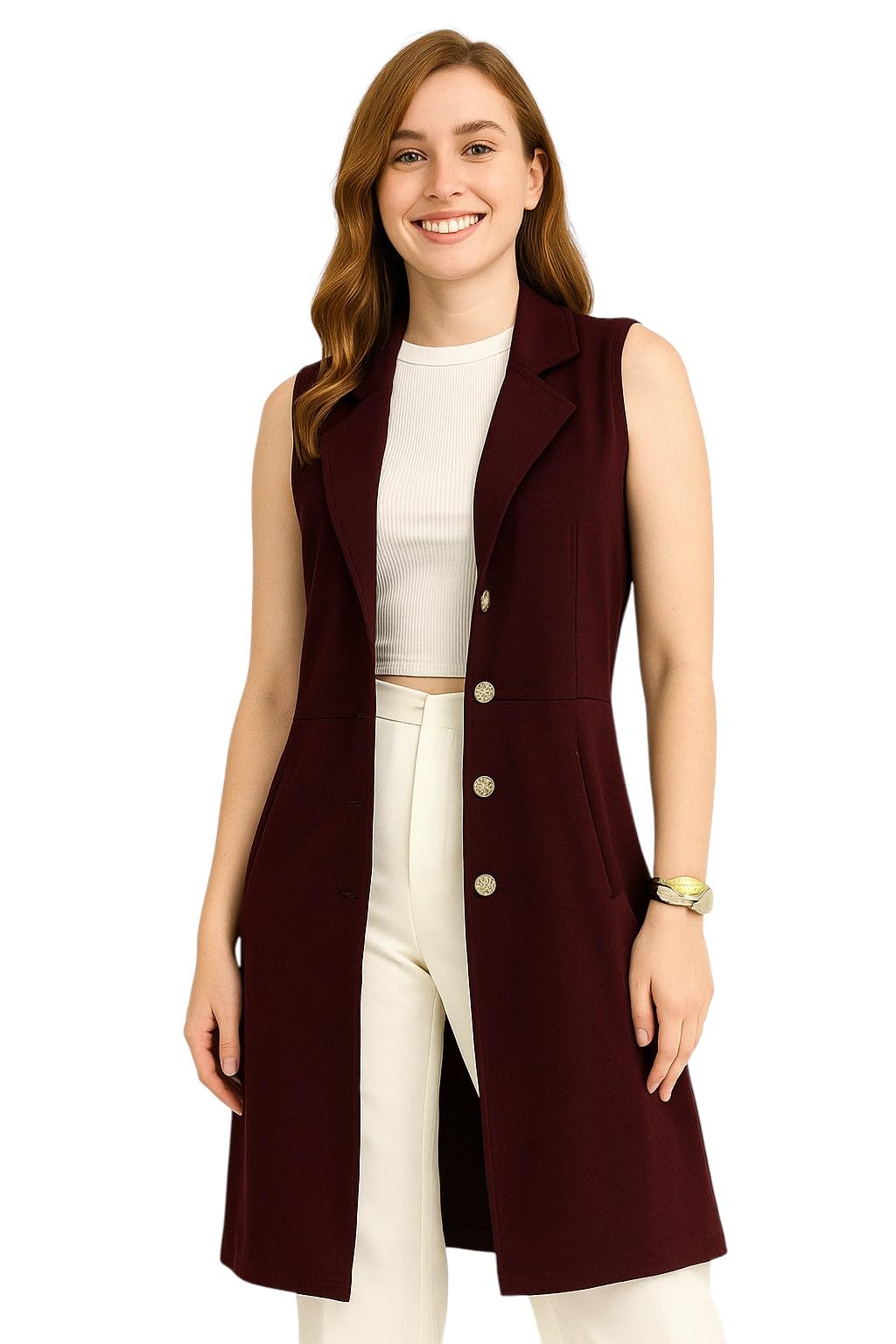 sfoty Women’s Sleeveless Long Solid Wine Formal Style for Office & Casual Wear-picture-11