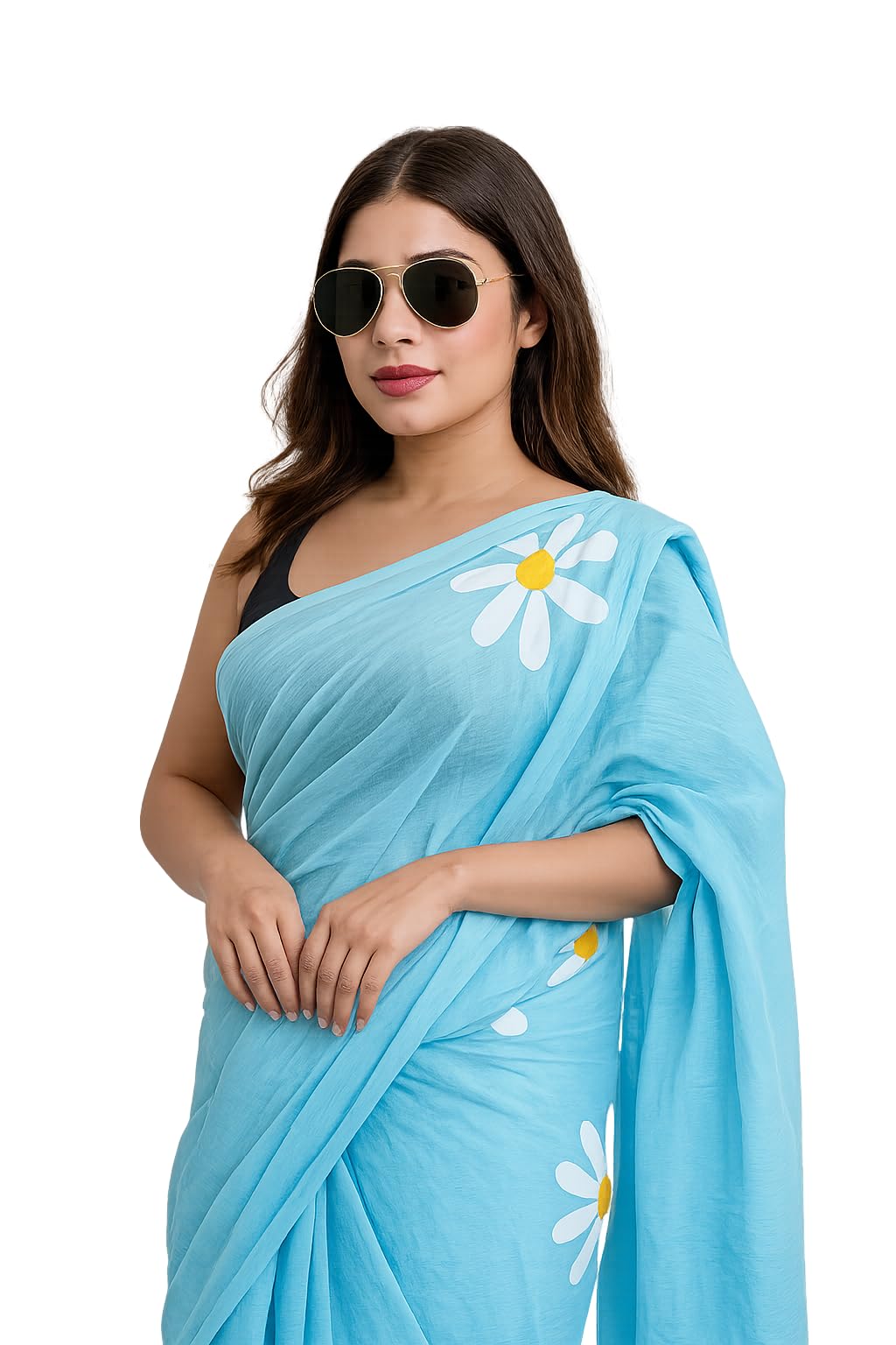 Lilan Cotton Saree with White Daisy Floral Prints Tassel Pallu Lightweight Summer Saree