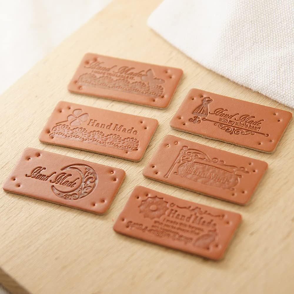 NOHPBES革タグ 6種 30枚入り 革ラベル レザータグ 合皮タグ 穴あき 英文柄 Handmade 長方形 ワッペン ラベル