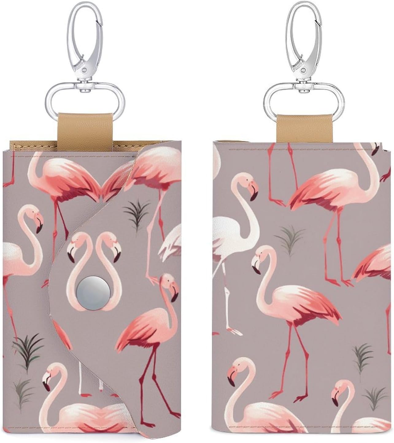 Pink Flamingo Pattern Key Pouch, PU Leather Key Holder, Personalized Snap Closure Key Bag with Card Slot & Coin Pocket, Portable Key Organizer for Car Keys House Keys, Men Women
