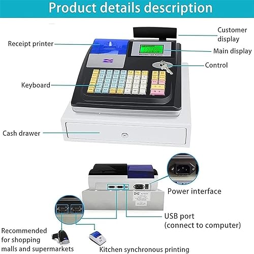 Miniatura 2 de Caja registradora electrónica de 48 teclas, pantalla LED digital POS 8 con cajón de efectivo de 12 V, teclado plano e impresora térmica, caja
