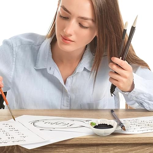 Miniatura 11 de PH PandaHall Plato de tinta para plantas, placa de tinta de porcelana con mango para caligrafía china, soporte para pincel, forma de flor, plato