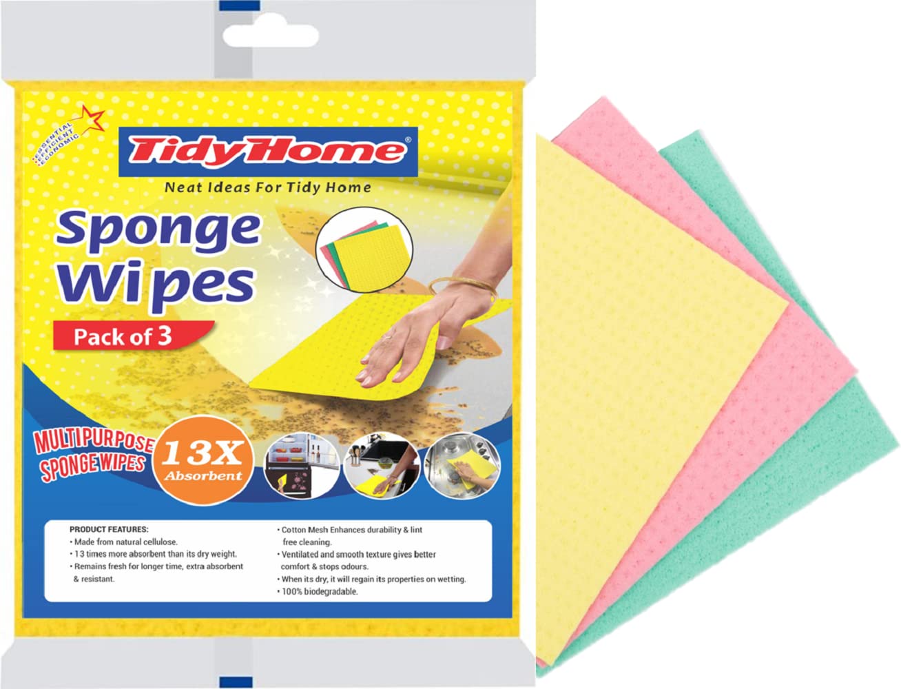 Tidy Home resuable and Washable Sponge Wipes with Super absorbant Biodegradable Cellulose Material for Kitchen and Home Cleaning (Multicolored) - Pack of 3 (B0BBRCB5RW) Amazon Price History, Amazon Price Tracker