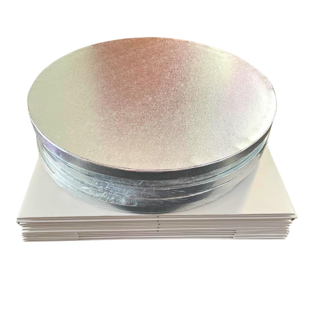 Decoraciondulce - Confezione da 5 scatole e basi per torte - 5 basi in argento 25 x 1,2 cm e 5 scatole per torte da 25,4 x 25,4 x 15,2 cm