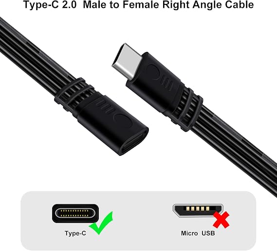 Flat USB C Extension Cable USB C Male to Female Extension Cable Support Charging and Data 480Mbps 60W 5V 3A for Phones, Laptops, PC (Straight, 10 cm)