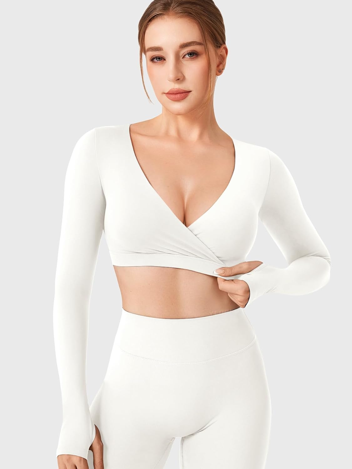 YEOREO Women Workout Long Sleeve Crop Tops Aberney Double Lined Deep V Cross Front Padded Yoga Cropped T Shirt - Image 5