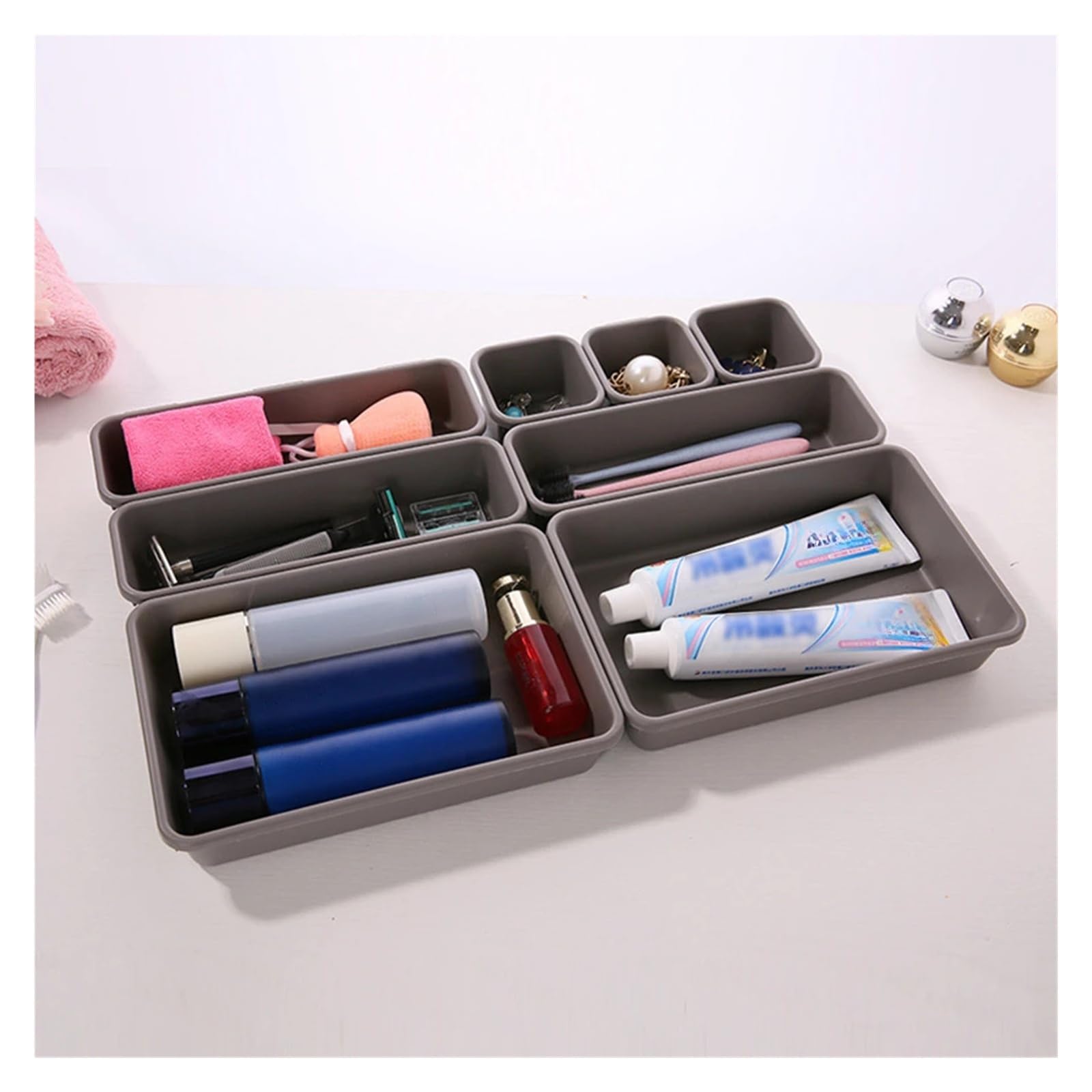 Genérico 8 unids/set cajón ajustable caja organizadora bandejas maquillaje cosméticos artículos divisor titular cocina baño armario joyero(Drak grey)