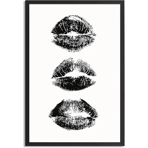 Trendy Luxury Black And White Framed Wall Art Woman Makeup Kiss Lips Pictures For Preppy Girly Dorm Decor-Funky Fashion Feminist Canvas Prints Ready To Hang Room Bedroom