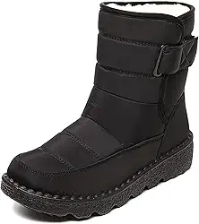 Botas de neve femininas de tecido impermeável com gancho e laço, confortável, bico redondo, forro de pelúcia, sem cadarço, botas de inverno impermeáveis para atividades ao ar livre, montanhismo, lazer