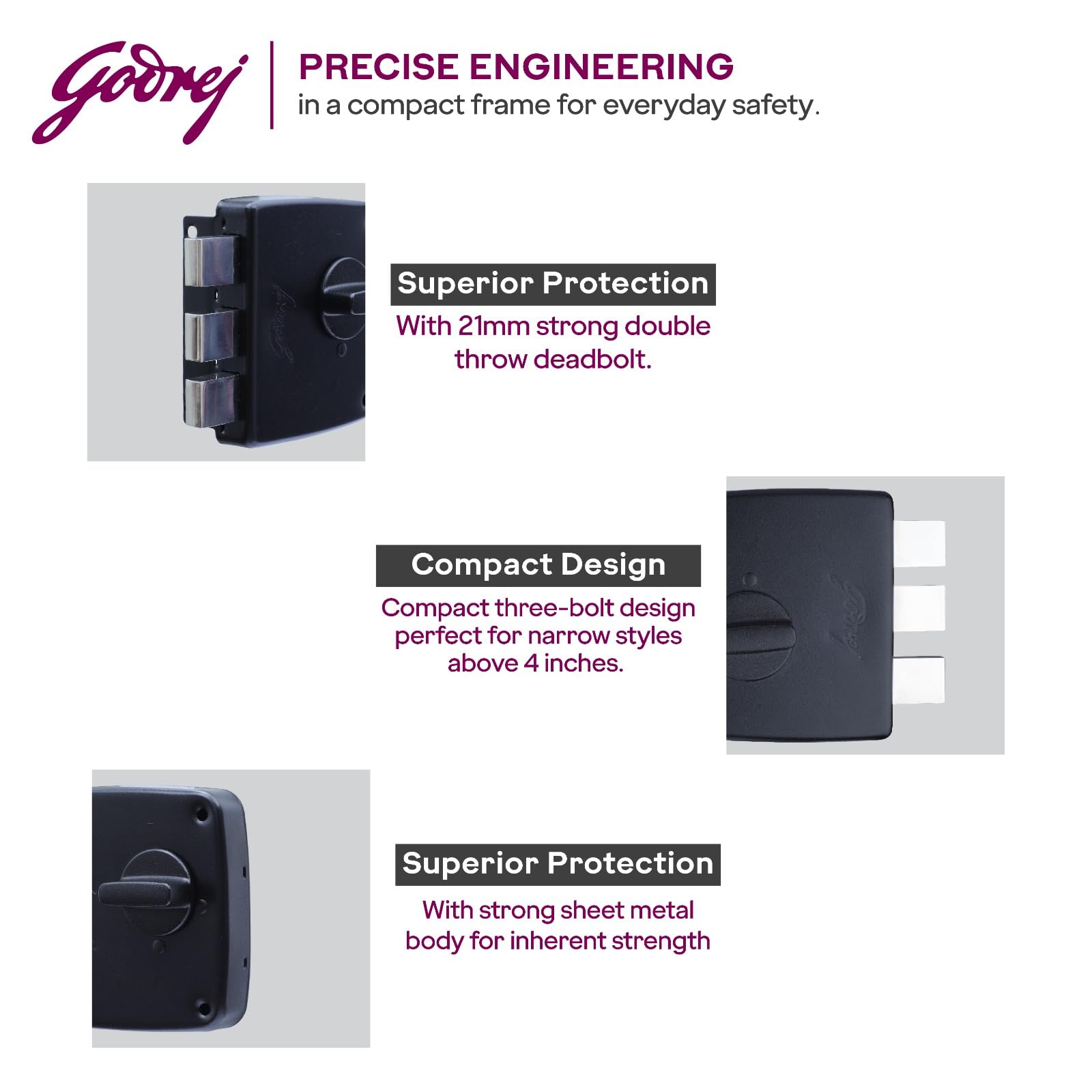 Godrej Tribolt Compact 1CK DB | Triple Bolt Lock for Main Doors | 21mm Deadbolt | 60mm Backset | 3 Reversible Keys | 3-Bolt Locking | Textured Black Finish | 5 Year Warranty — Amazon image 4