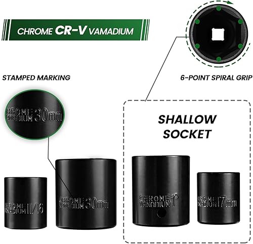 Miniatura 3 de Juego de llaves de impacto de 38" y 12", 35 piezas métricas (0.315-1.181 in) y SAE (38-1 pulgadas) poco profundas, Cr-V, 6 puntos, incluye adaptador