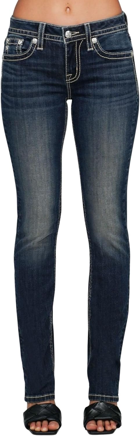 Miss Me Women's Mid-Rise Leather Fleur de Lis Embellished Straight Leg Jeans