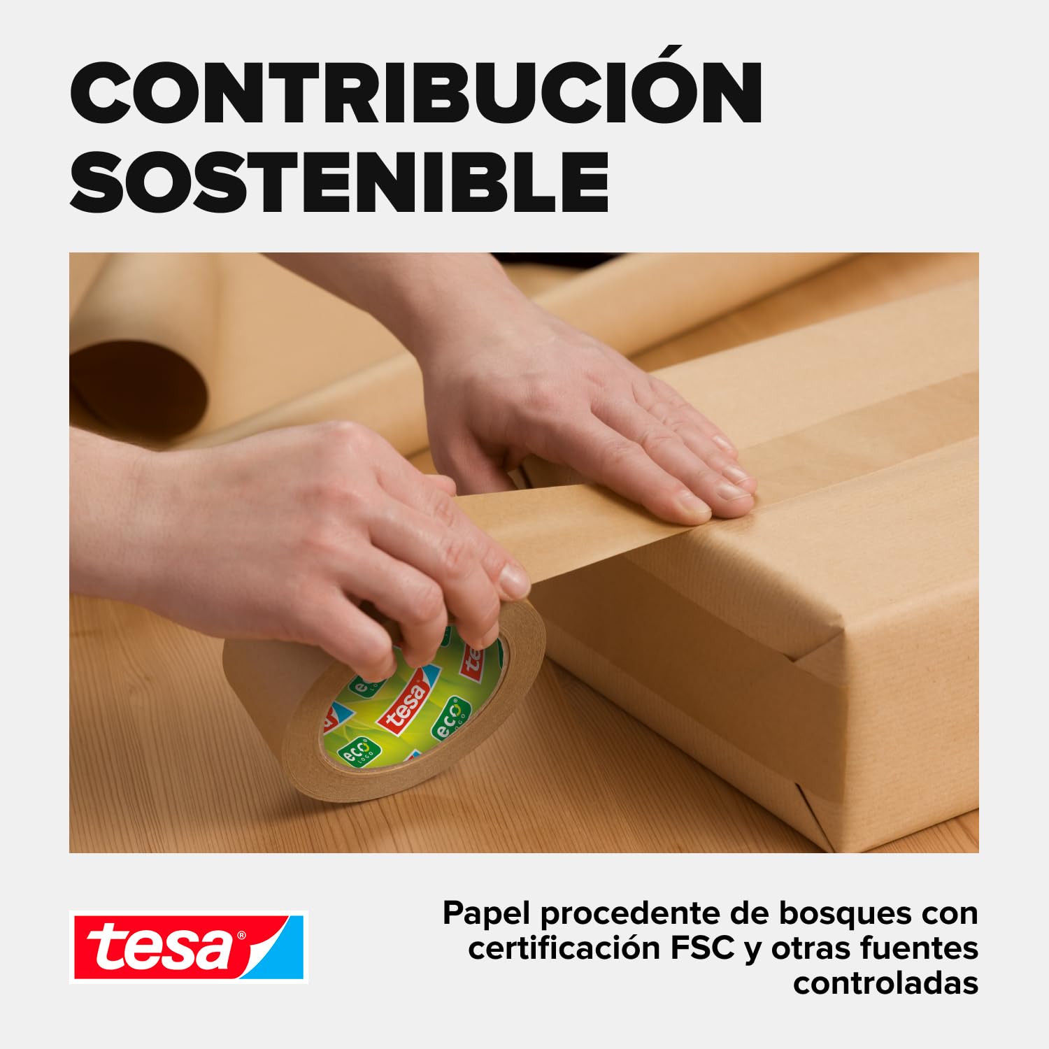 tesa tesapack STANDARD PAPER - Cinta de embalaje de papel - 56% de materiales renovables - Rasgable a mano - Cinta de embalaje para paquetes ligeros - Marrón - 50 m x 50 mm