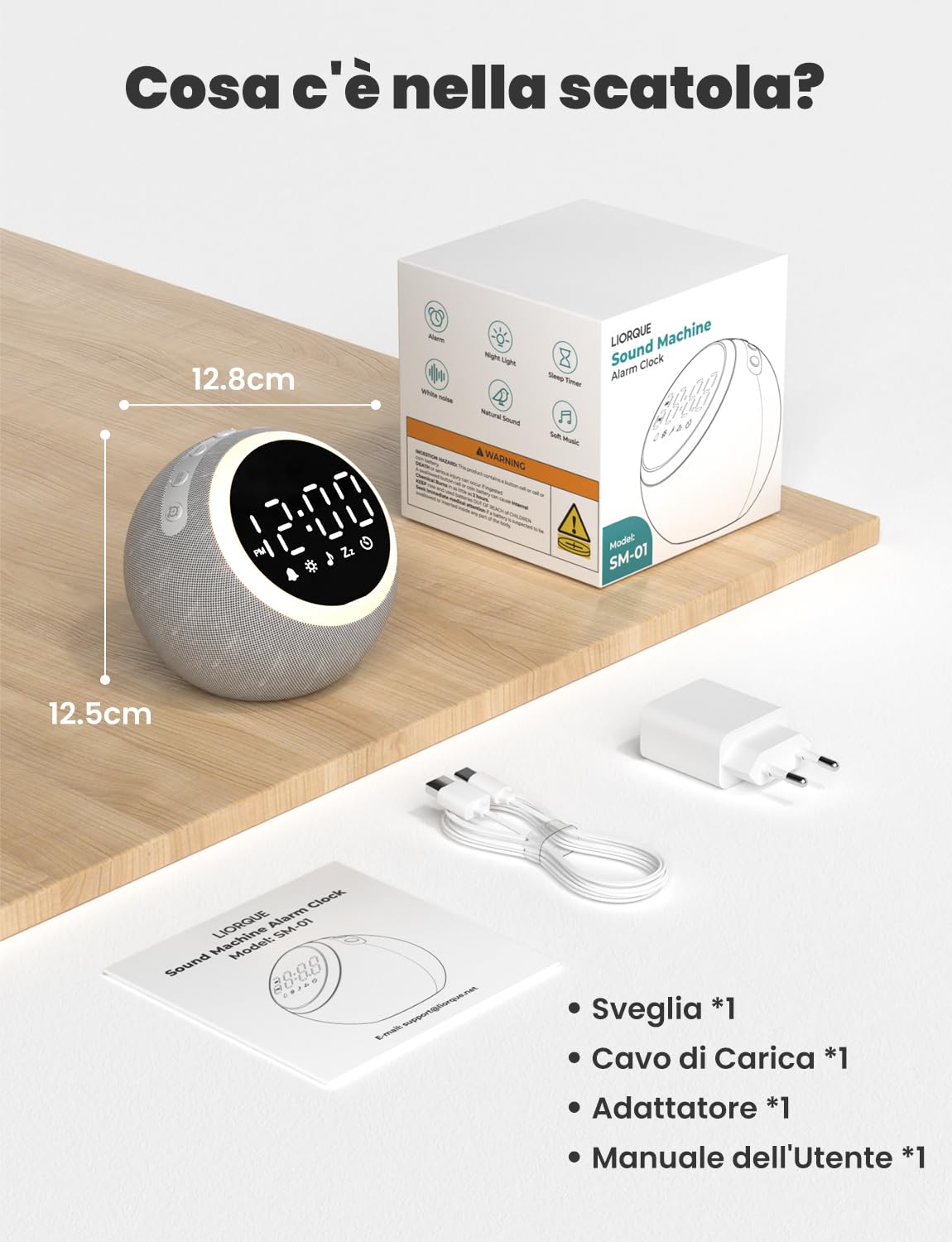LIORQUE Sveglia con Rumore Bianco e Luce, Macchina Rumore Bianco, 25 Suoni Rilassanti, Volume Regolabile e Luce Notturna, Timer di Spegnimento, Ideale per Neonati, Bambini e Adulti