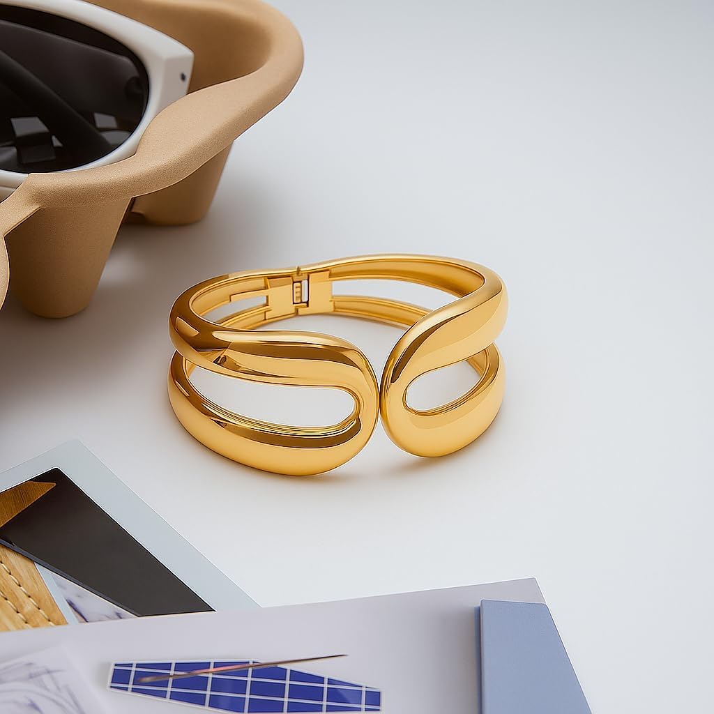 Chunky Wide Gold Bangle Bracelets for Women, 18K Gold Plated Stacking Bangles, Trendy Fashion Jewelry Gift - Image 7