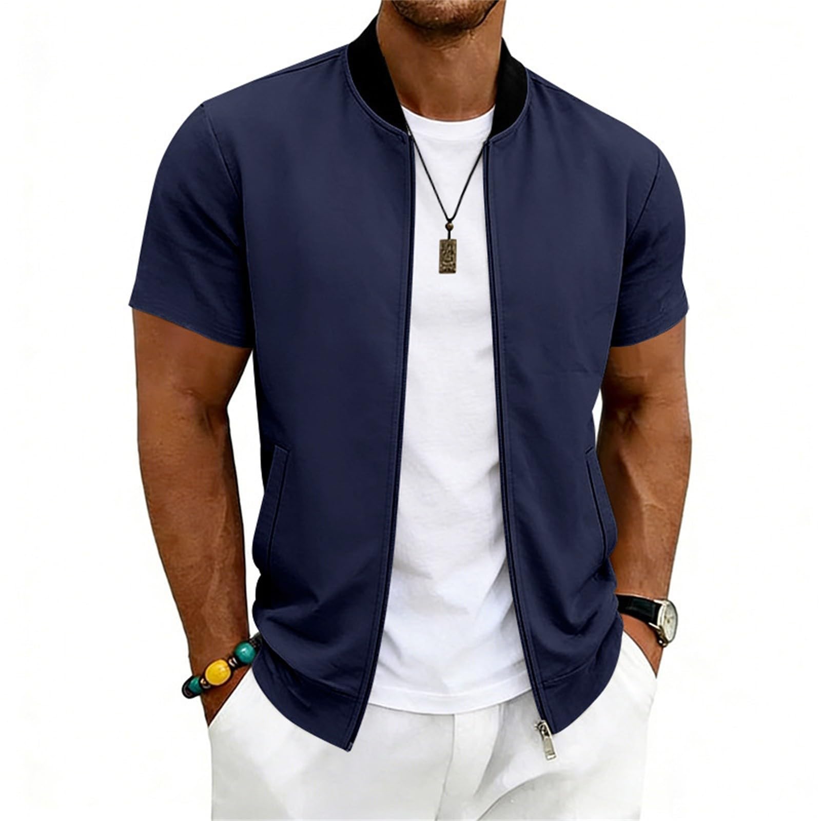 T-Shirts Für Herren Leichte Herren-Fliegerjacke Mit Durchgehendem Reißverschluss, Gerippt, Kurzarm, Lässig, Schmal Geschnitten Hemd Dunkelblau Linen Shirt Men T-Shirt Weiß Overshirt