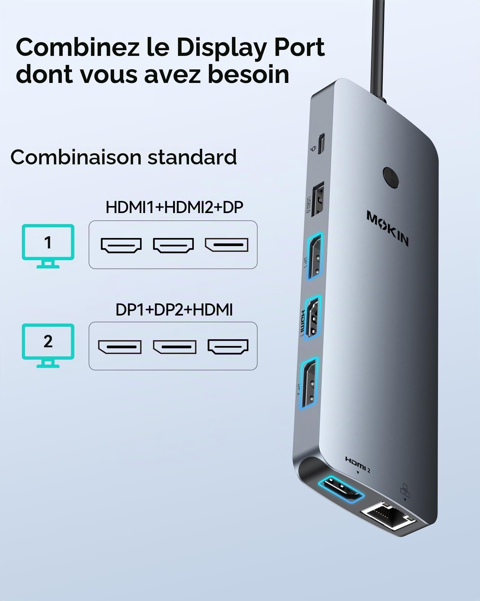MOKiN Docking Station d'accueil USB C 3 Écran, HUB USB C 2HDMI 2DP | Dock Triple Moniteurs Dual HDMI et DisplayPort 4K@60Hz, 100W PD, USB-A/C 3.0, SD/microSD pour Ordinateurs Windows Mac
