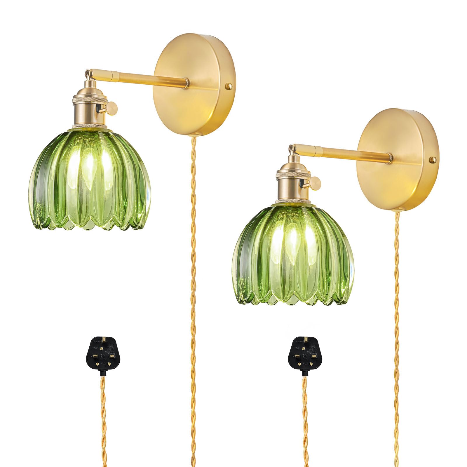 NETHCUEL Plug in Wall Sconces Set of 2, Vintage Wall Lights with Tulip Green Glass Lampshade, 180° Adjustable Wall Light with Switch and Plug in Wall Lamp Cord, Light Bulb Not Included