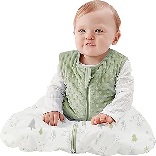 Baby Sleep Sack, 1.5 TOG Baby Sleeping Bag Plush Dots 100% Cotton Toddler Sleeping Sack with 2-Way Zipper Sleeveless Wearable Blanket for All Seasons, Green, L(12-24 Months)