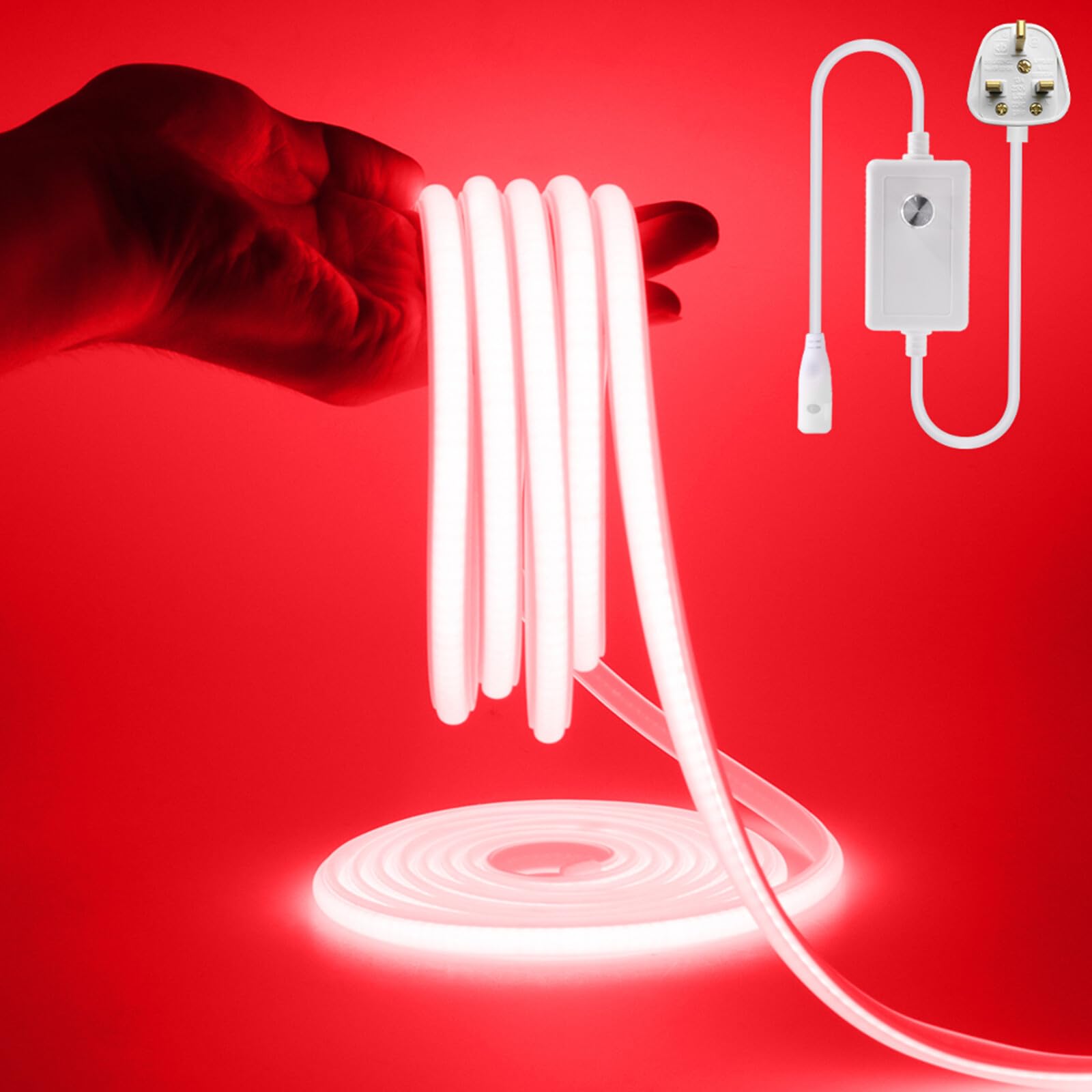 KAFULA 220V dimmable COB LED Light Strip, IP65 Waterproof Flexible, 288 LEDs/m Super Bright FCOB LED neon Light CRI90+, can be Cut Every 50 cm, Home Decoration [17m, red Light]