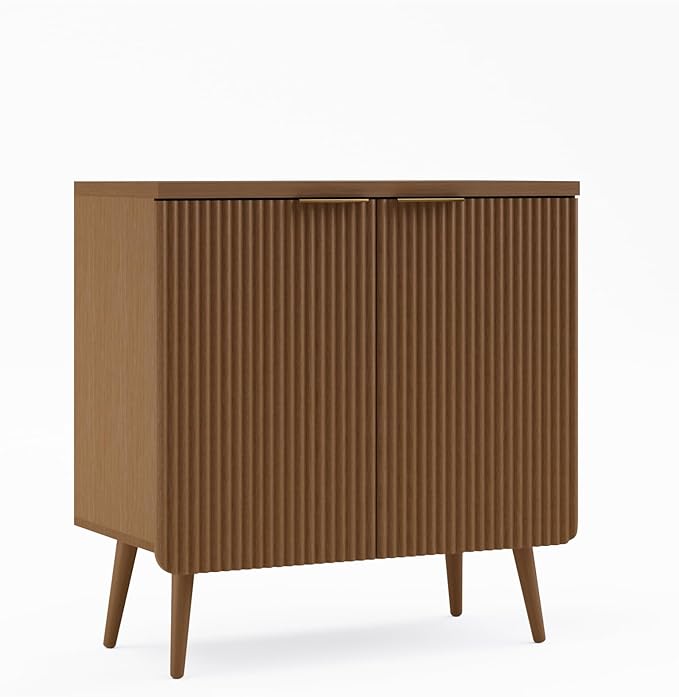 Sideboard Buffet Cabinet with Storage, Modern Fluted Accent Credenza with 2 Doors, Buffet Media Console Entryway Cabinets with Adjustable Shelves for Living Room Dining Room Hallway, Walnut