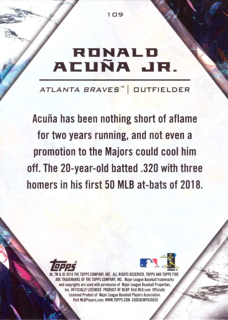 2018 Topps Fire Baseball #109 Ronald Acuna Jr. Rookie Card