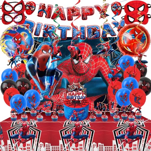 Decoração de aniversário para crianças, conjunto de 50 unidades, inclui banners, toalha de mesa, decoração de redemoinhos, decoração para bolos, máscaras de olhos, tecido de fundo, balões