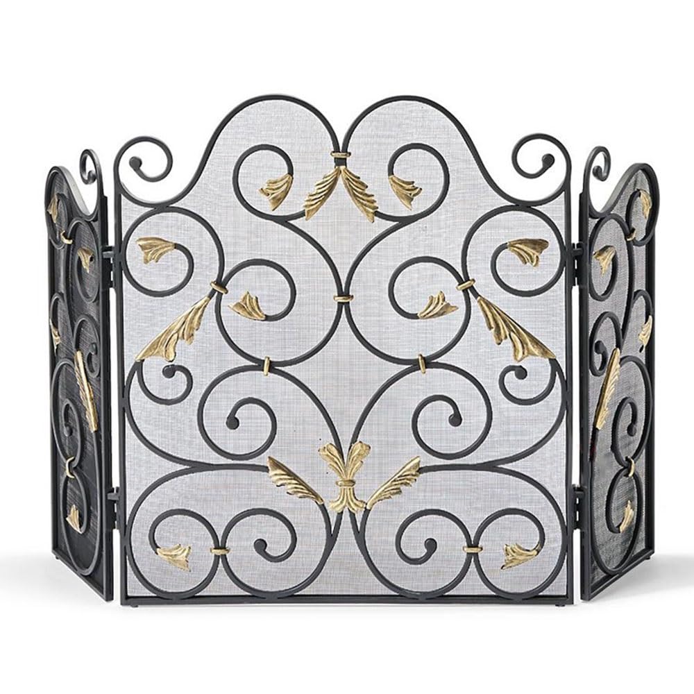 fireplace cover Floor Standing Iron Metal Fireplace Screen Partition Three Fold Fireproof Fence with Golden Carving