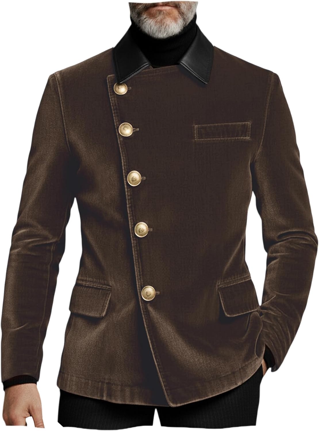 Mens Velvet Blazer PU Turndown Collar Jacket Asymmetric Button Fall Spring Business Casual Sport Coat