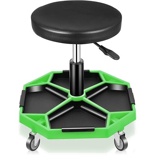 Auto Dynasty Mechanic Stool, Adjustable Rolling Pneumatic Creeper Garage Shop Seat with Tool Tray, 300 LBS Roller Seat for Workshop Auto Repair, Adjustable Height 15.7" to 21", Green