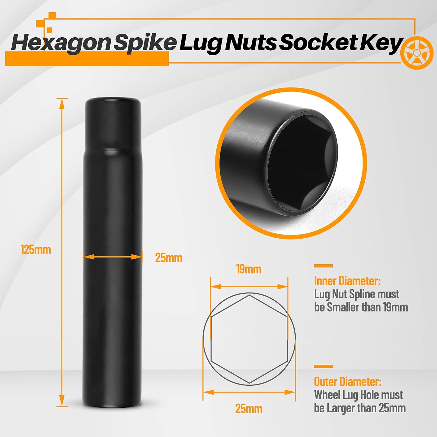 MIKKUPPA Spiked Lug Nuts Key - Soild Socket with 19mm Hex, Universal Spike Lug nuts Socket Key Replacement Tool for M14x1.5, M14x2.0, 9/16-18, 1/2-20, M12x1.5, M12x1.25 One-Piece Spiked Lug Nut