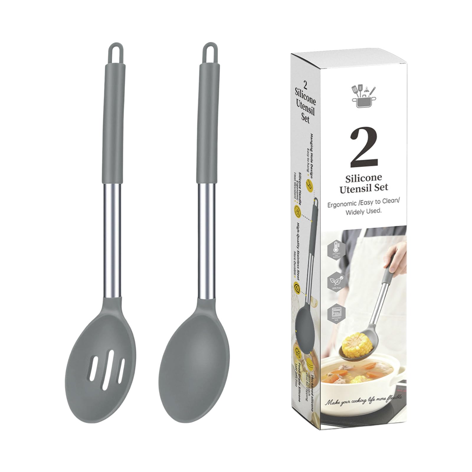 Soup and Stirring Spoon Set Silicone Cooking Utensil Pair with Metal Handles for Kitchen Pots and Daily Meal Prep Kitchen Cooking Spoon Slotted Serving Silicone Utensil Pair Metal Handle Loop Handle