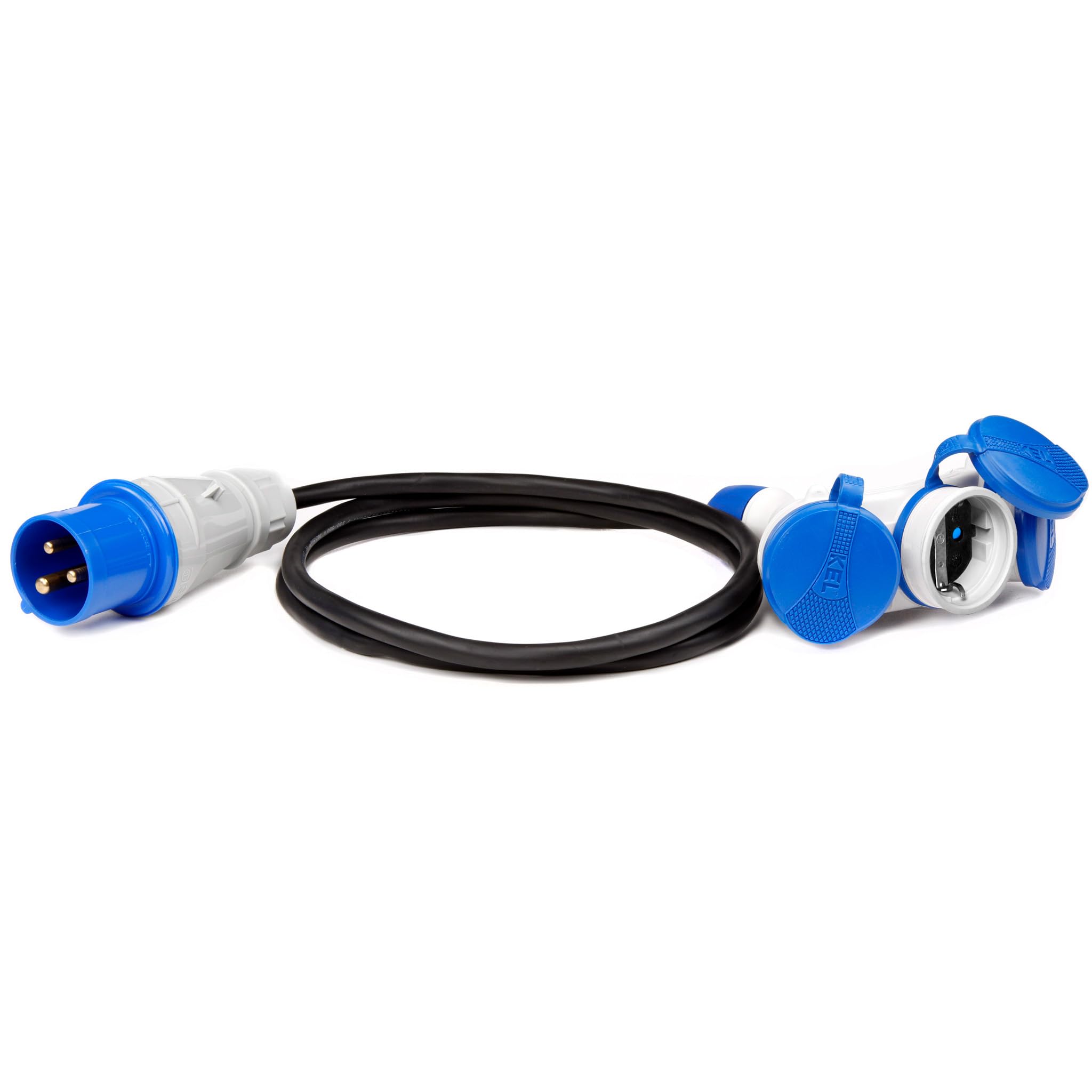 KEL Adattatore da campeggio CEE in gomma 1,5 m – 3 prese 230 V/16 A triple prese Schuko, sezione cavo 3 x 2,5, IP44 per uso esterno, campeggio, caravan e roulotte