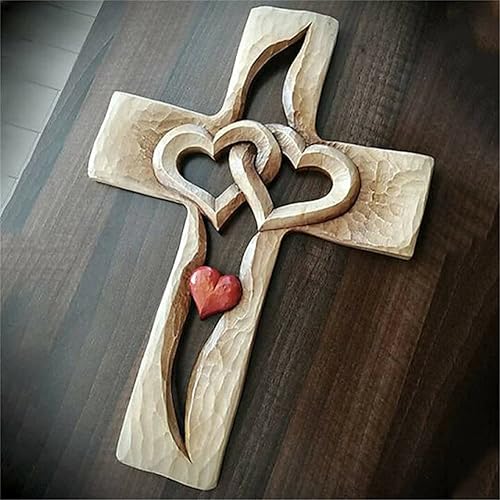 HADZLPOY Cruz de madera tallada  corazones entrelazados, cruz de madera para colgar en la pared, cruz de madera tallada a mano para decoración del