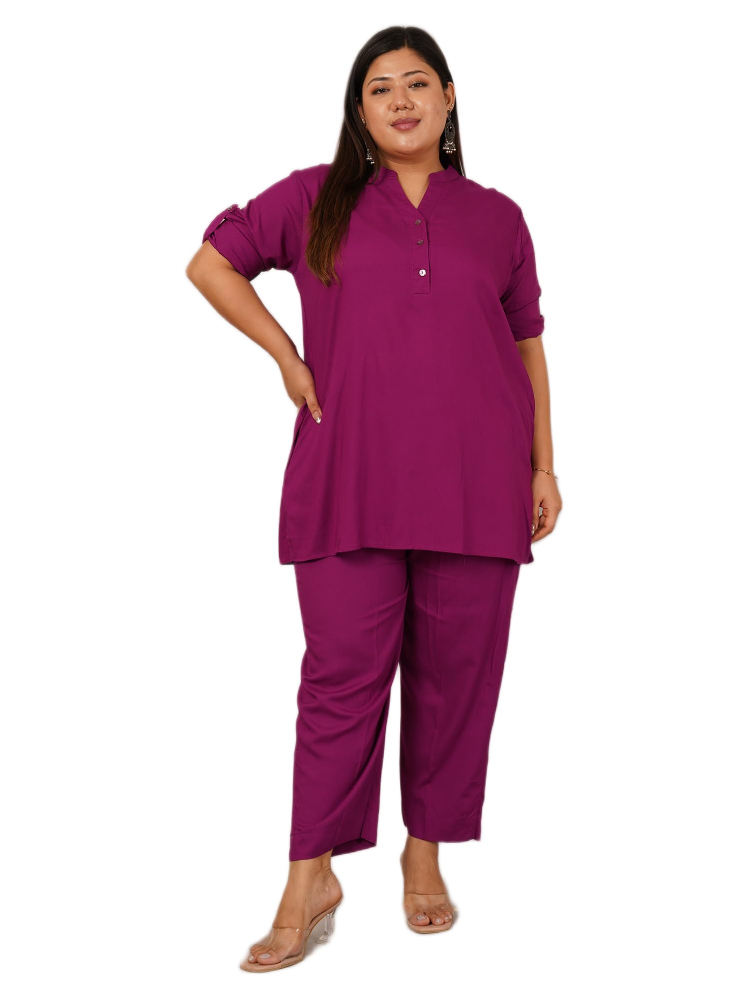 Women's Plus Size Solid Rayon Co-ord Set | Emerald Two-Piece Tunic and Trouser Set-image-15