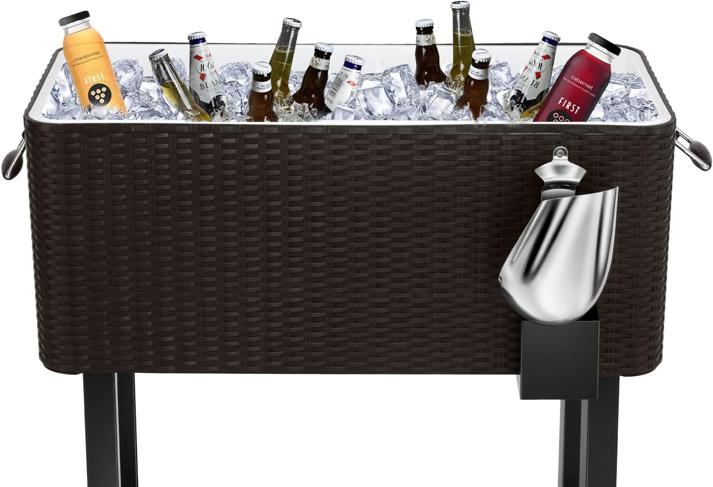 The EDOSTORY cooler cart filled with ice and various bottles and cans, demonstrating its large capacity.