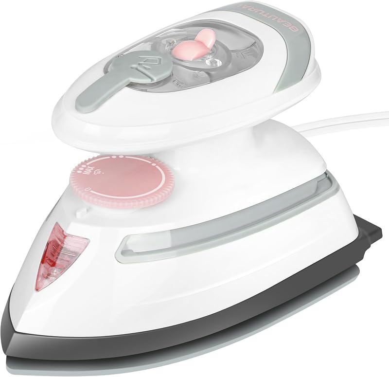 BEAUTURAL Mini Travel Steam Iron for Clothes with Dual Voltage, Pink | Non-Stick Soleplate and Cord Storage, Easy Temperature Control, Ideal for Sewing, Quilting and Handcraft