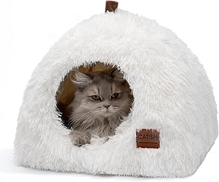 CATISM Cat Bed, Cat Igloo Cave Pet Bed for Dogs Large Indoor Tent Cave Nesting Bed Anti-slip 2-in-1 Triangle Cave House Nest House with Handle Washable Removable Pillow Cushion (White)