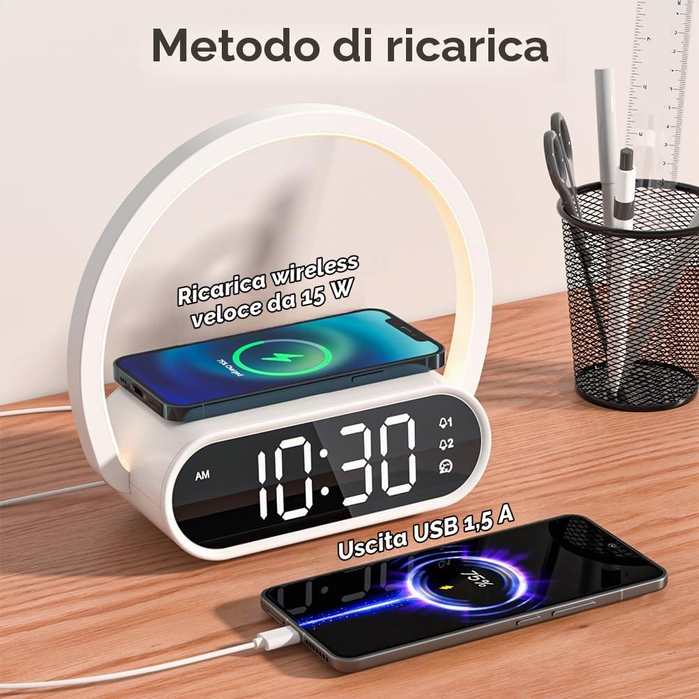 Comodino Lampada con Ricarica Wireless 15W, Sveglia Digitale Doppia Alarme, 3 Regolazioni Luminosità Touch Control, Luce LED per Camera da Letto, Ufficio