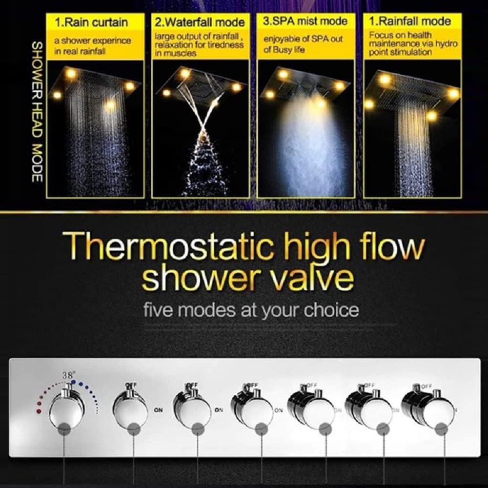 Cascada Luxurious Design 23"x31" LED Shower System, 6 Functions (Rainfall, Waterfall, Curtain, Misty, Body Jets & Handheld) (Music, Matt Black)