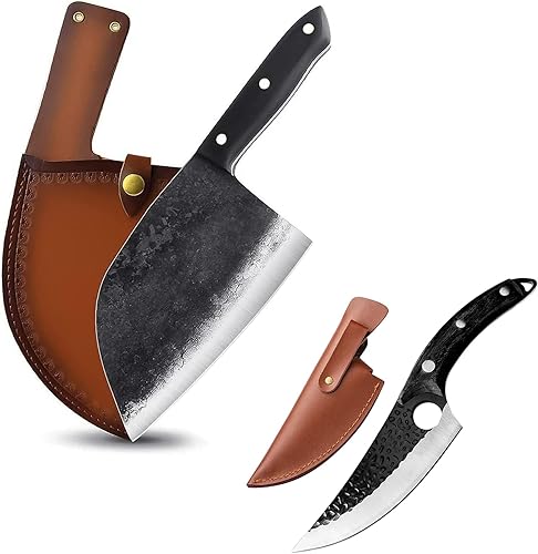 Cuchillo de chef serbio de forja, cuchillos de chef de cocina de espiga completa, acero revestido de alto carbono, cuchillo Almasi con funda de cuero