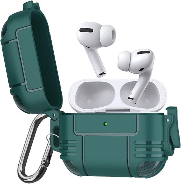 ZenRich New Airpods Pro Case, zenrich Anti Lost Buckle Full-Body Hard Shell Protective Rugged Charging Cover Case with Keychain for AirPod Pro 2019, Front LED Visible,Dark Green