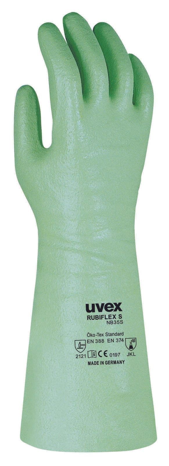 Guantes de protección química Uvex rubiflex S para evitar salpicaduras corrosivas