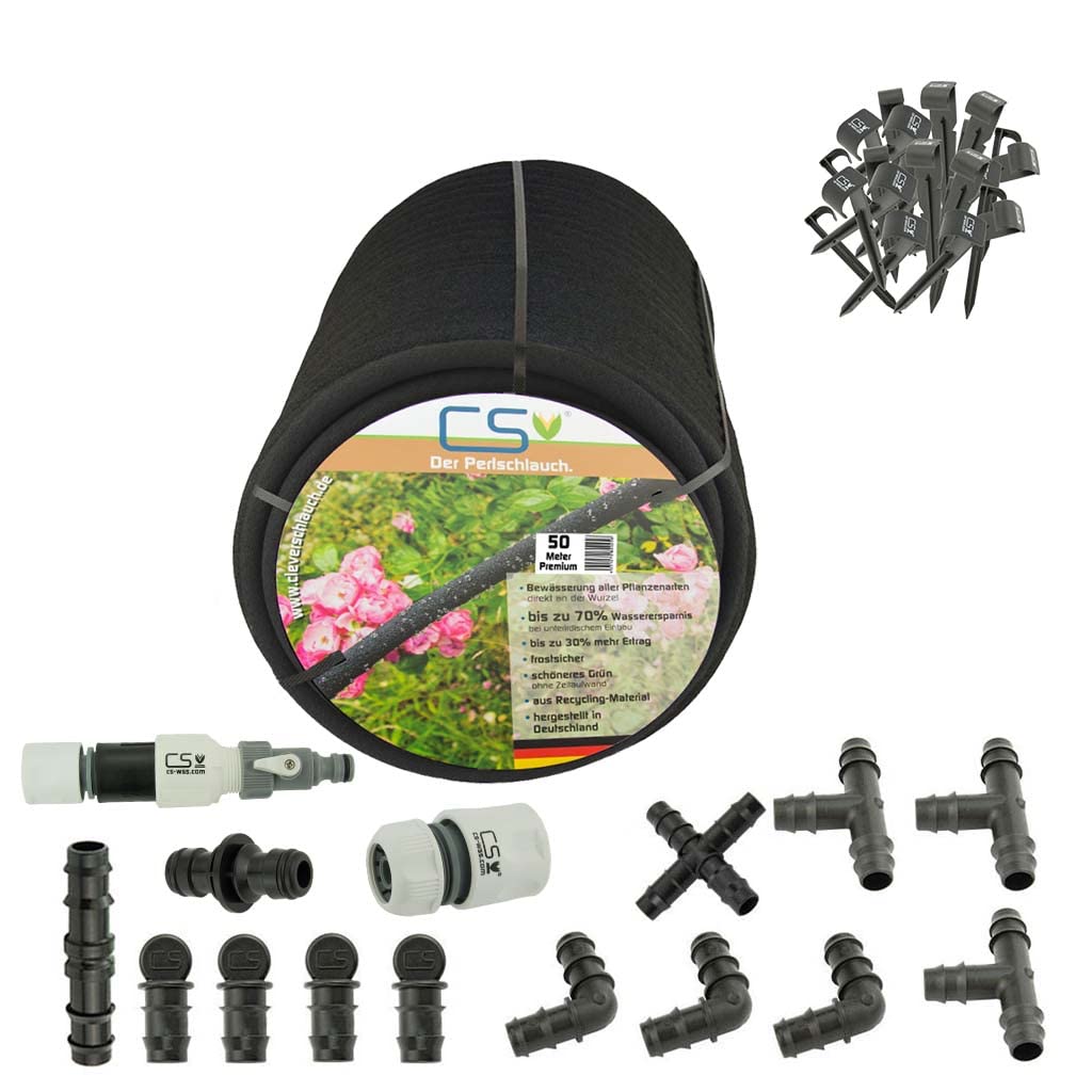 50 Meter Tropfschlauch Bewässerungsschlauch Gartenschlauch Perlschlauch Sets (1x 50m Premium mit Druckminderer)
